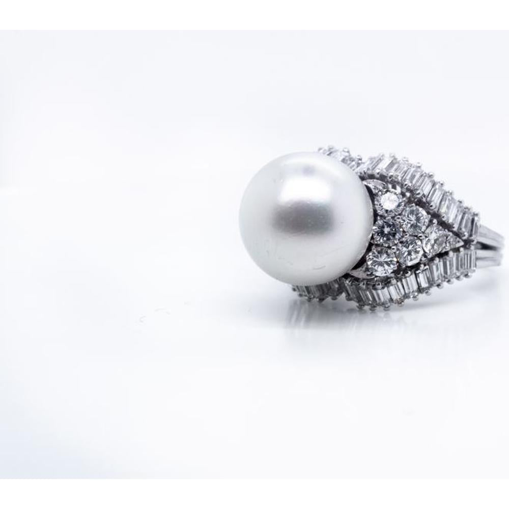 Platinum Estate Ring with 12.5mm White Pearl and 5.00 Carats Diamond Surround - Vintage 1960s Design