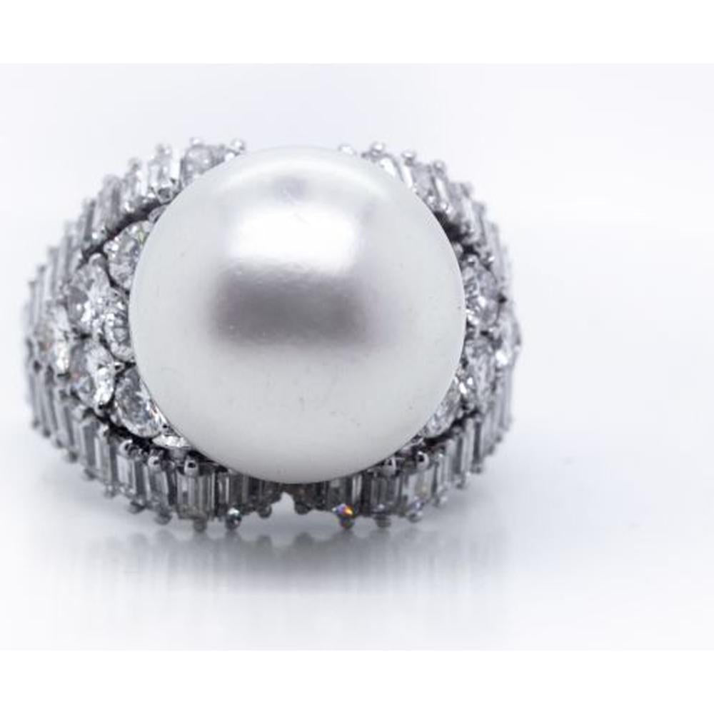 Platinum Estate Ring with 12.5mm White Pearl and 5.00 Carats Diamond Surround - Vintage 1960s Design