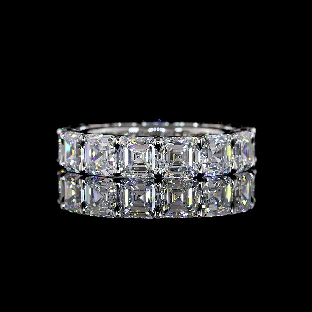 Platinum Eternity Band with 7.77 Carat Total Weight Asscher Cut Lab Diamonds - 15 Stones, E-F Color, VS1 Clarity, Prong Set - Covaloro Fine Jewelry