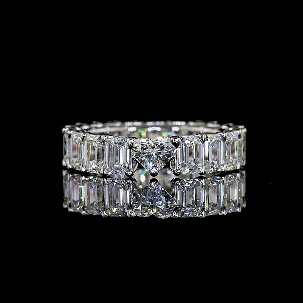 Platinum Eternity Band with Heart Shape Lab Diamond Center and Emerald Cut Lab Diamonds - 5.17 Carats Total Diamond Weight - Covaloro Fine Jewelry