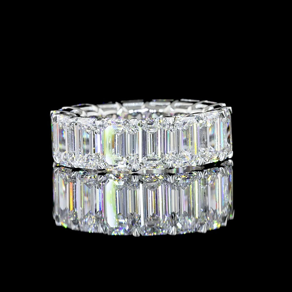 Platinum Eternity Band with North-South Prong Set Emerald Cut Lab Diamonds - 9.26 Carat Total Diamond Weight - Covaloro Fine Jewelry