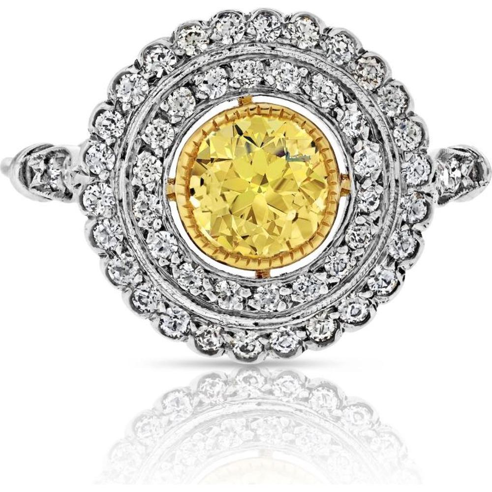 Platinum Fancy Yellow Diamond Double Halo Ring - 1.05 Carats Total Diamond Weight