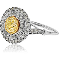 Platinum Fancy Yellow Diamond Double Halo Ring - 1.05 Carats Total Diamond Weight