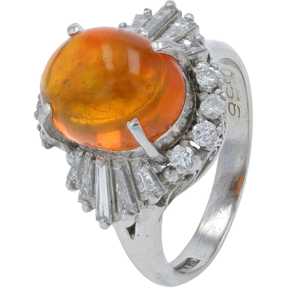 Platinum Fire Opal Ring with Baguette and Round Diamond Halo - 2.77 Carat Fire Opal Center and 0.56 Carat Total Diamond Weight