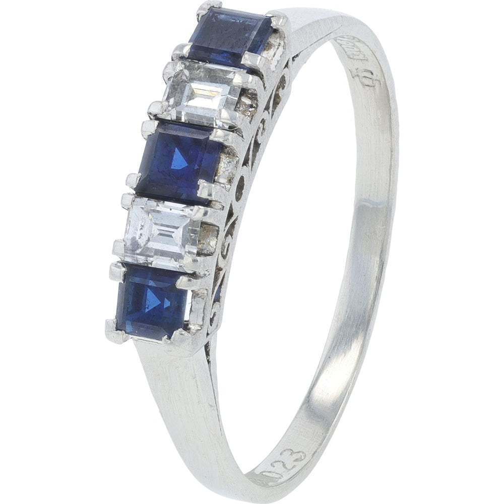 Platinum Five-Stone Band with Square-Cut Sapphires and Step-Cut Diamonds - 0.48 Carat Sapphire and 0.23 Carat Diamond Total Weight