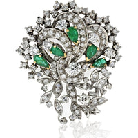 Platinum Floral Brooch with Pear-Shaped Emeralds and Prong-Set Diamonds - 6.00 Carats Total Diamond Weight