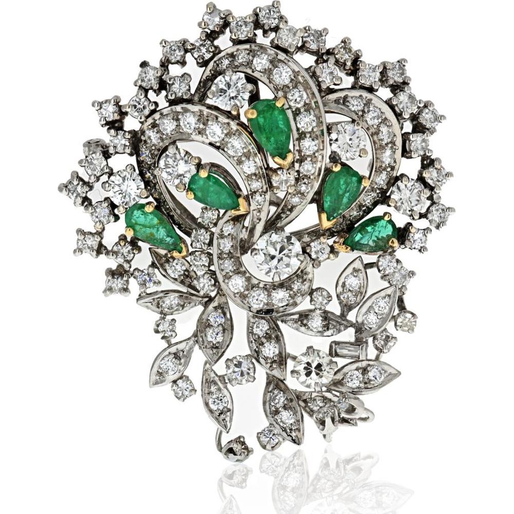 Platinum Floral Brooch with Pear-Shaped Emeralds and Prong-Set Diamonds - 6.00 Carats Total Diamond Weight