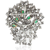 Platinum Floral Brooch with Pear-Shaped Emeralds and Prong-Set Diamonds - 6.00 Carats Total Diamond Weight
