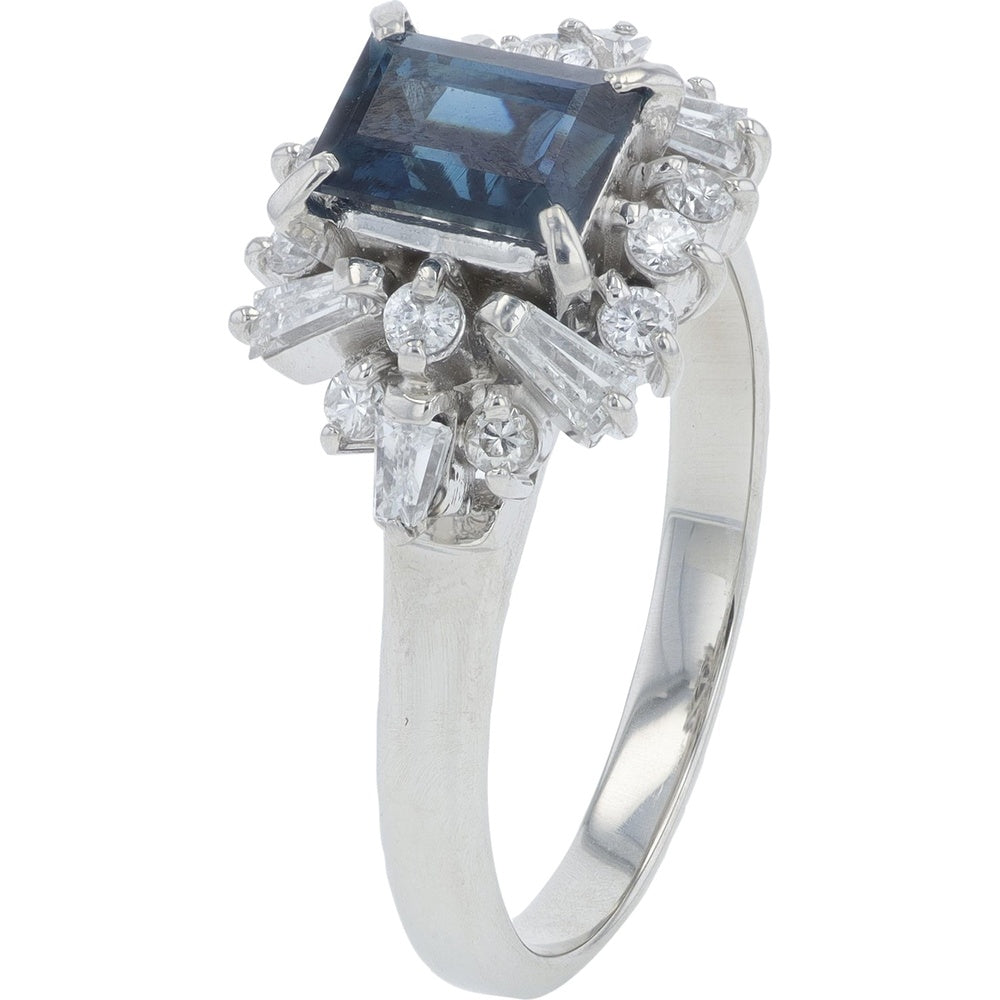 Platinum Floral Cluster Ring with Rectangular Sapphire and Round and Baguette Diamonds - 1.05 Carat Sapphire and 0.50 Carat Total Diamond Weight