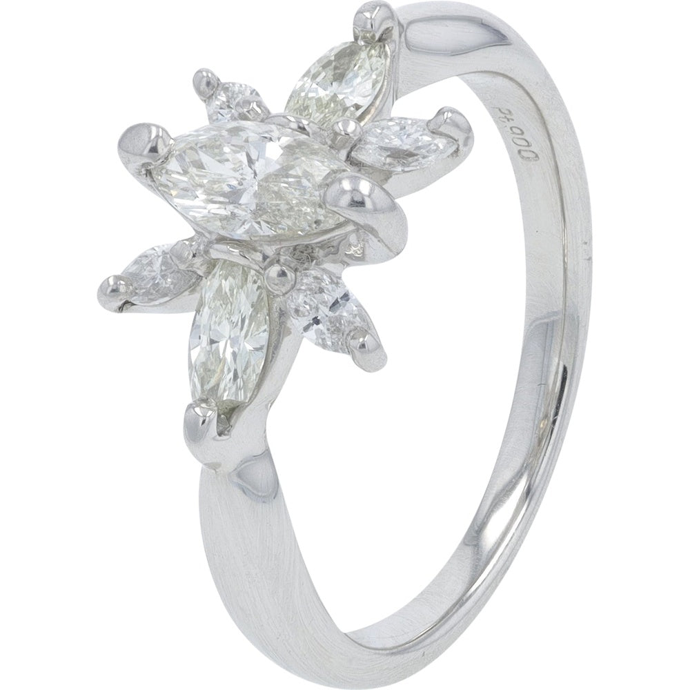 Platinum Floral Diamond Ring with Marquise and Round Cut Stones - 0.76 Carat Total Diamond Weight