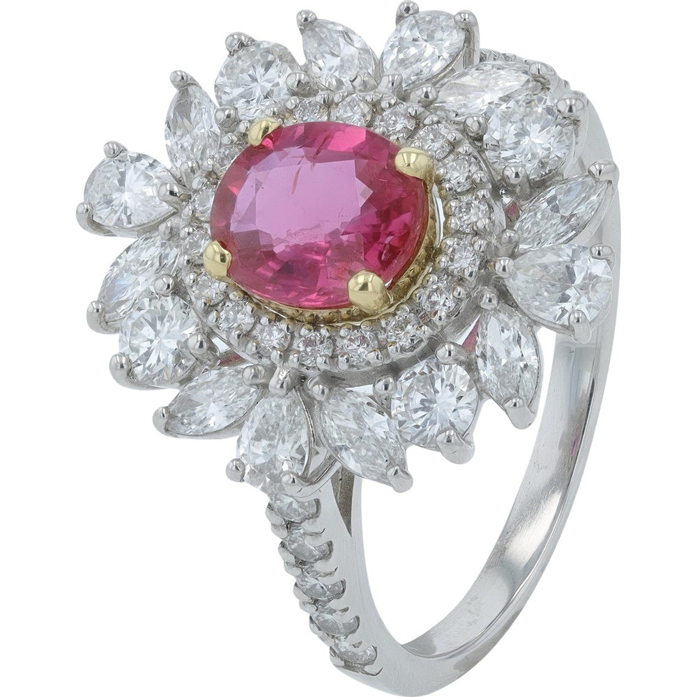 Platinum Floral Halo Ring with 1.14 Carat Unheated Mozambique Oval Ruby and 1.35 Carat Pear and Round Diamond Accents - GIA and AIGS Certified