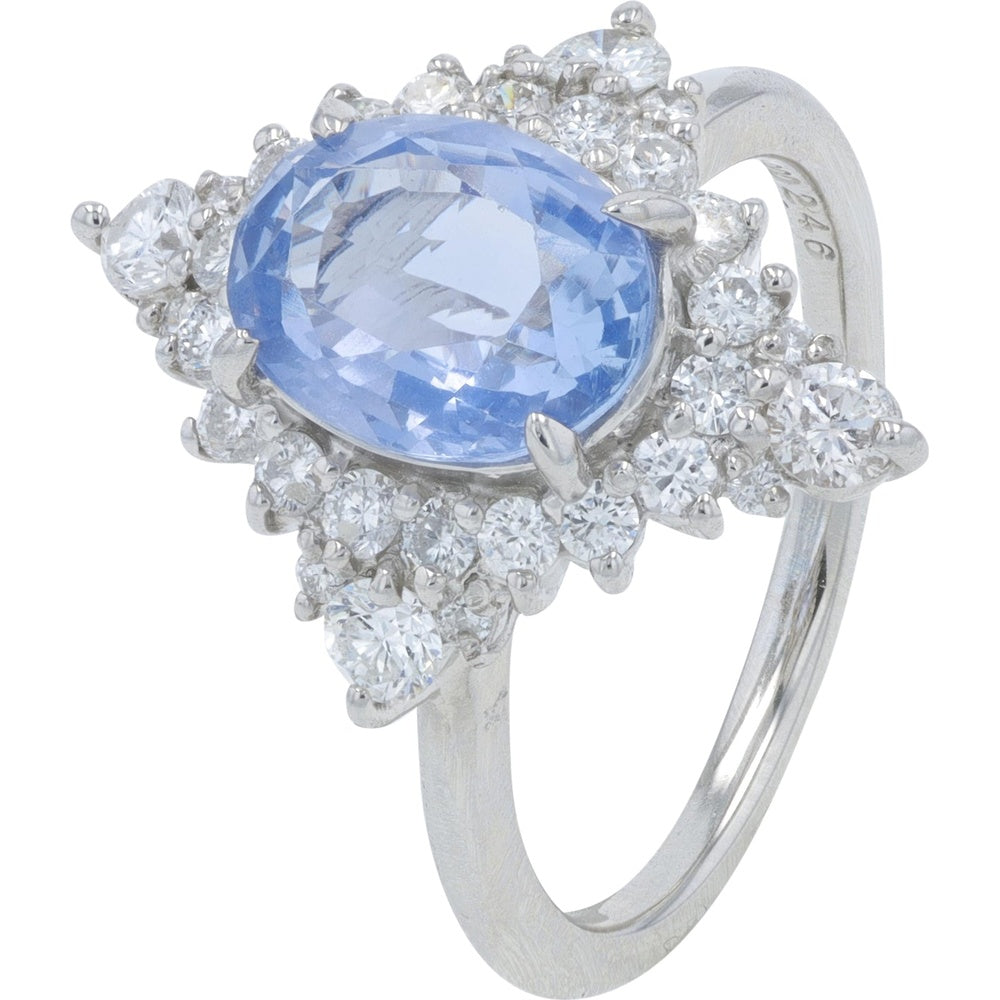 Platinum Floral Halo Ring with 2.46 Carat No Heat Oval Sri Lanka Sapphire and 0.70 Carat Round Diamonds - GIA Certified