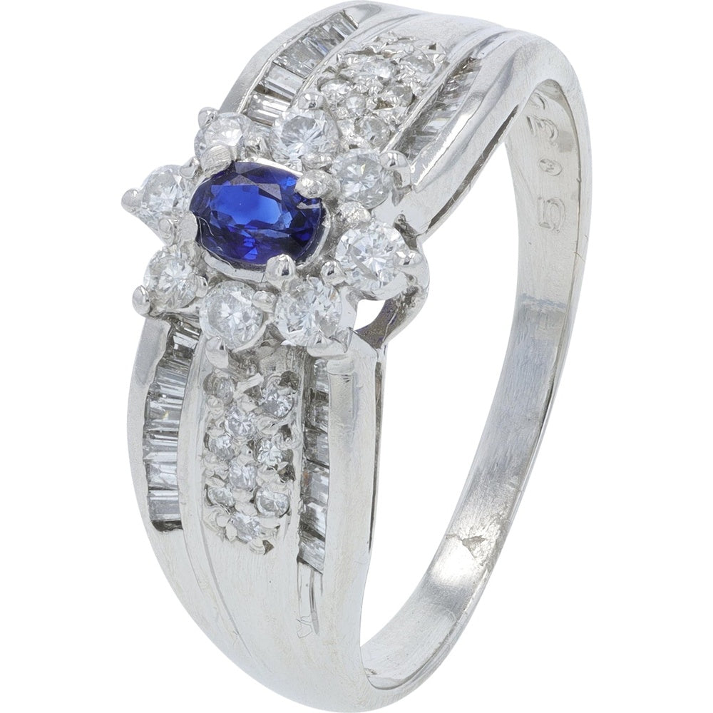 Platinum Floral Halo Ring with Oval Sapphire and Baguette Diamond Accents - 0.23 Carat Sapphire and 0.62 Carat Total Diamond Weight