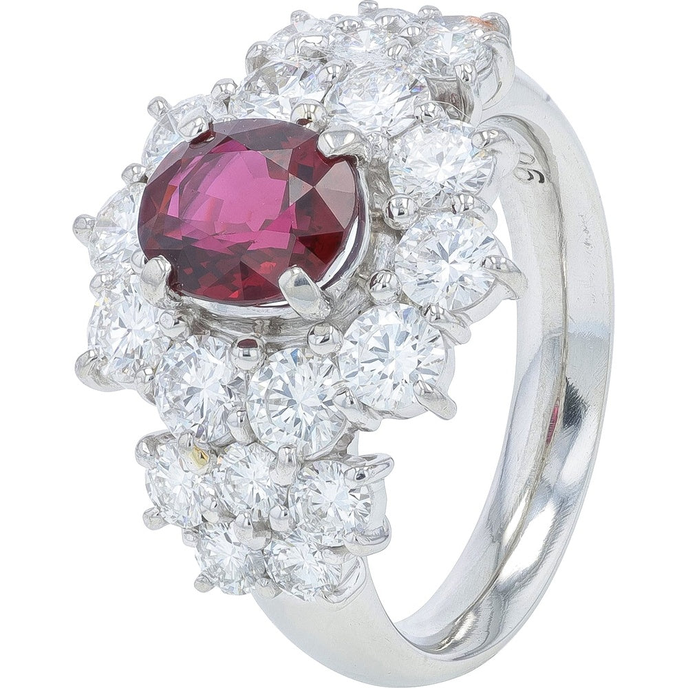 Platinum Floral Halo Ruby Ring with 1.96 Carat Total Diamond Weight - 1.79 Carat Oval-Cut Ruby