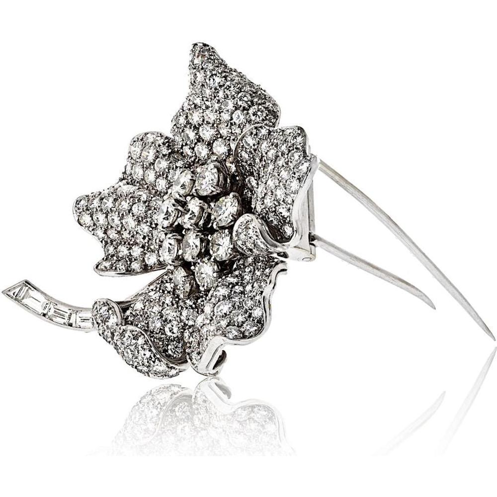 Platinum Flower Brooch with 17.00 Carats Round & Baguette Diamonds