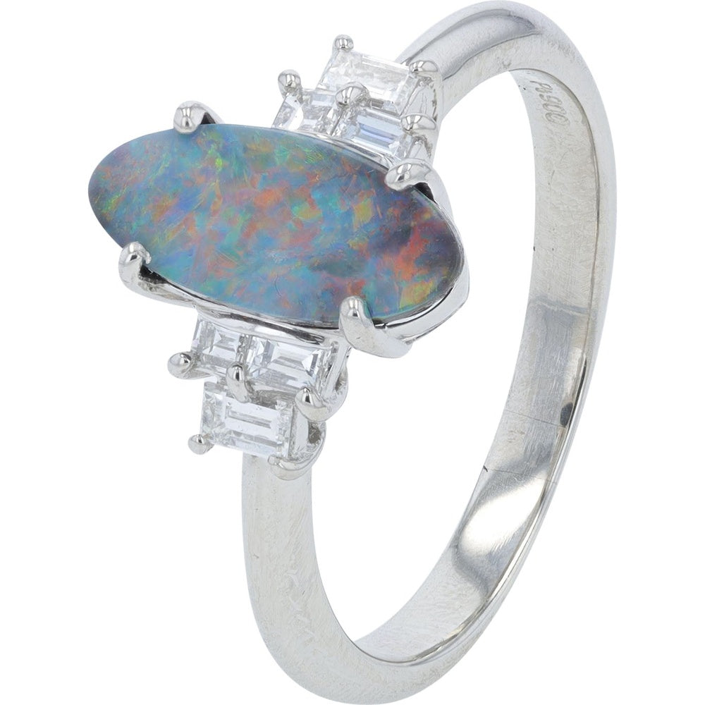 Platinum Free-Form Black Opal Ring with Baguette Diamond Accents - 1.06 Carat Opal and 0.27 Carat Total Diamond Weight