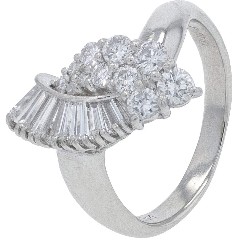 Platinum Free-Form Cluster Ring with Round Brilliant and Baguette Diamonds - 0.84 Carat Total Diamond Weight