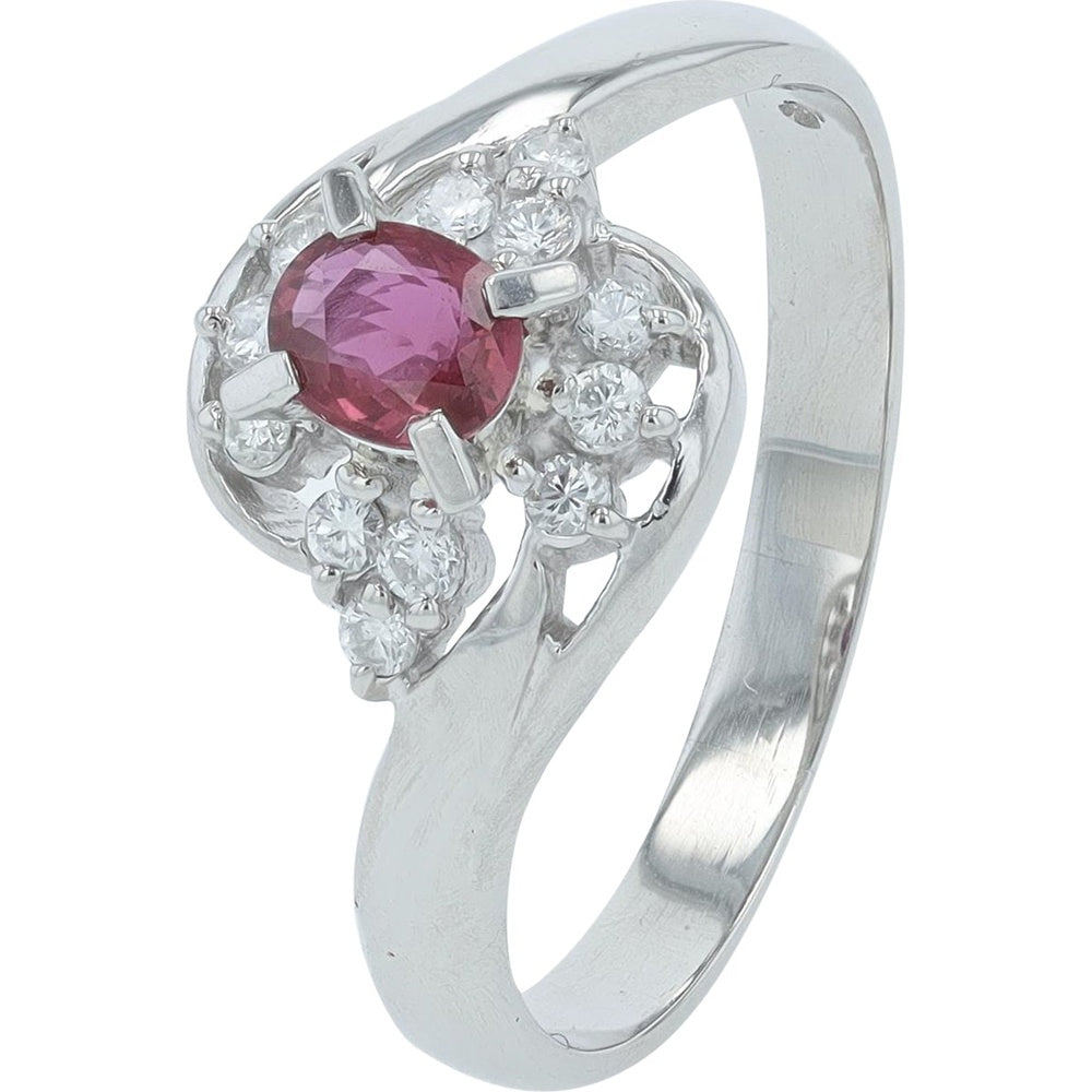 Platinum Free-Form Ring with 0.30 Carat Oval Ruby and 0.35 Carat Diamond Halo - Size 6