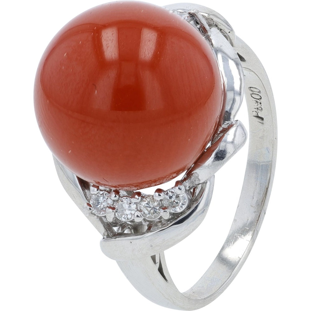 Platinum Free Form Ring with 12.5mm Polished Coral Cabochon and 0.15 Carat Diamond Accents - Size 6
