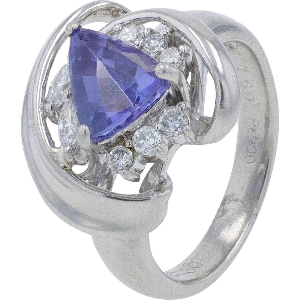 Platinum Free Form Swirl Ring with Trillion Cut Tanzanite and Diamond Accents - 1.60 Carat Tanzanite and 0.30 Carat Total Diamond Weight