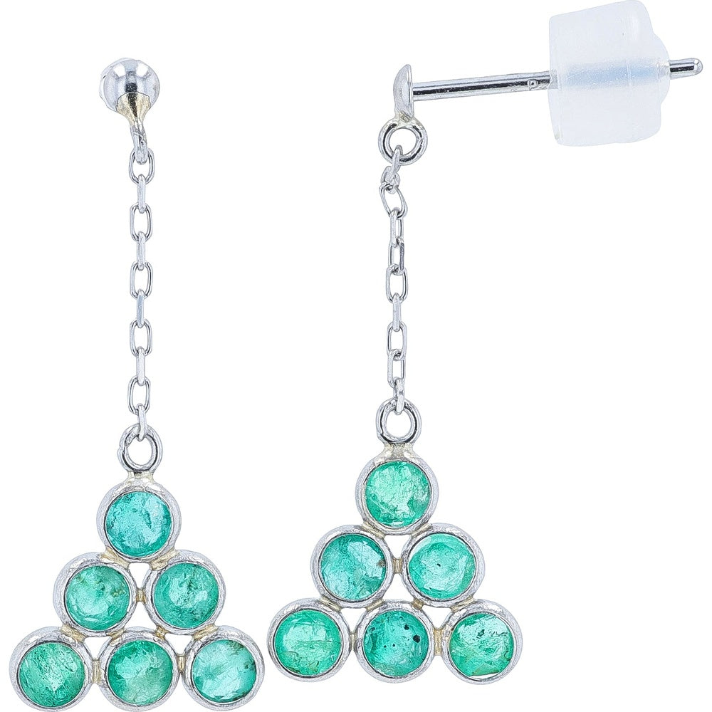Platinum Geometric Drop Earrings with Bezel-Set Round Emeralds - 1.80 Carat Total Emerald Weight