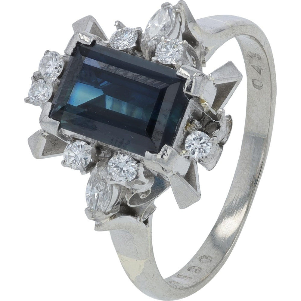 Platinum Geometric Halo Ring with Rectangular Step-Cut Sapphire and Round & Marquise Diamonds - 1.90 Carat Sapphire and 0.43 Carat Total Diamond Weight