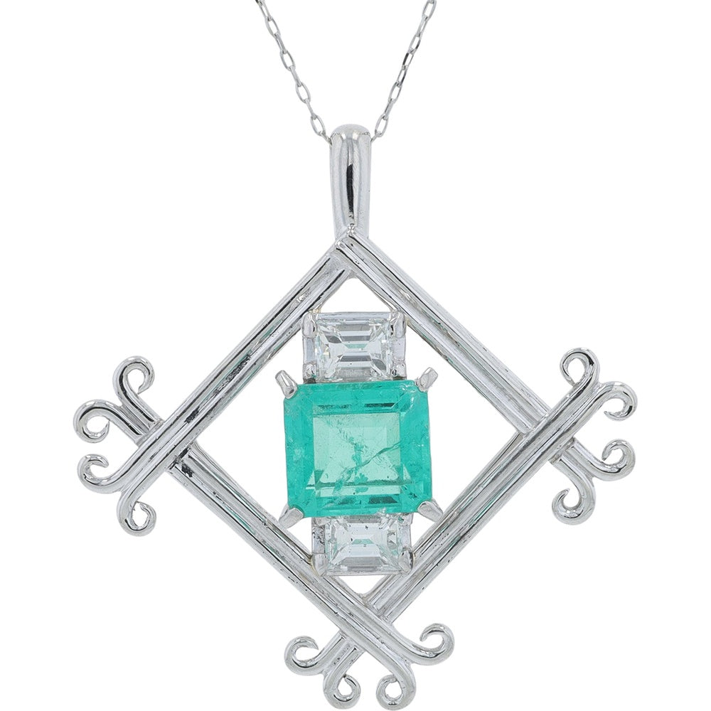 Platinum Geometric Pendant with Step-Cut 1.32 Carat Emerald and 0.66 Carat Diamond Accents on Adjustable 18-Inch Bolo Chain