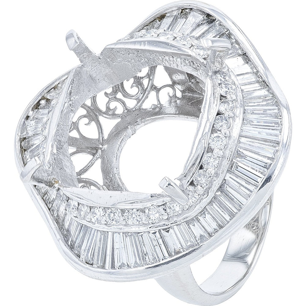 Platinum Geometric Semi-Mount Ring with Baguette and Round Diamond Halo - 3.55 Carat Total Diamond Weight
