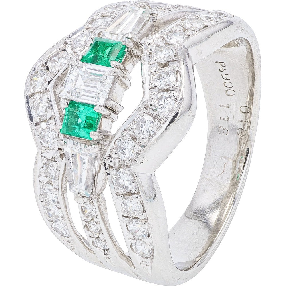 Platinum Geometric Split Shank Ring with Baguette and Round Diamonds and 0.18 Carat Step-Cut Emeralds - 1.18 Carat Total Diamond Weight