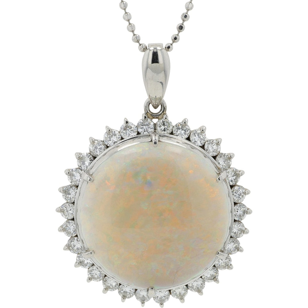 Platinum Halo Pendant with Round Cabochon Opal and Brilliant-Cut Diamonds - 5.46 Carat Opal and 0.89 Carat Total Diamond Weight