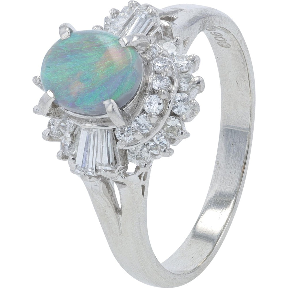 Platinum Halo Ring with 0.46 Carat Opal and 0.48 Carat Total Diamond Accents in Round and Baguette Cuts