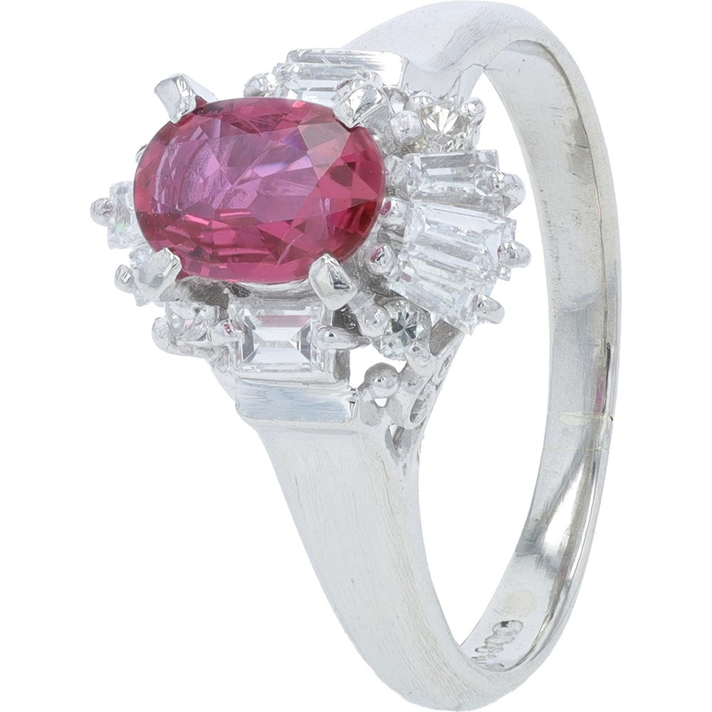 Platinum Halo Ring with 0.68 Carat Oval Ruby and 0.33 Carat Baguette and Round Diamonds - Size 6.75