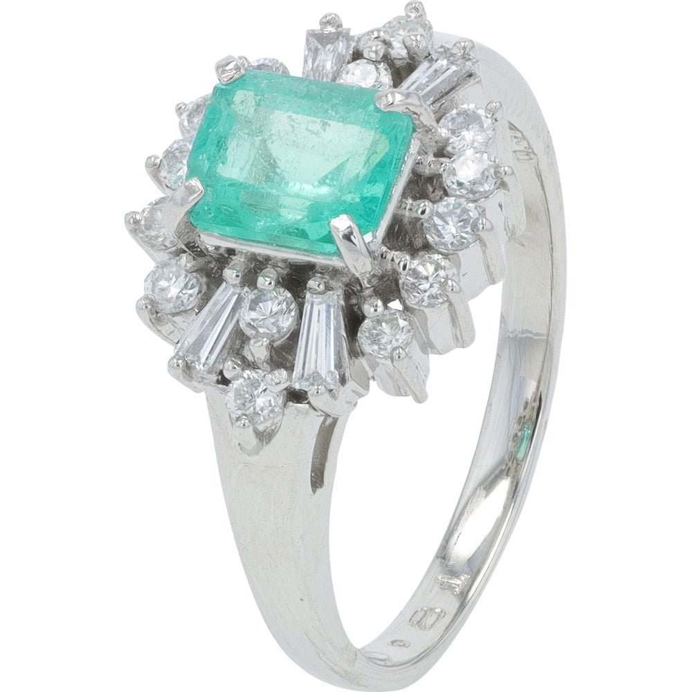 Platinum Halo Ring with 0.81-Carat Rectangular Emerald and 0.37-Carat Mixed Round and Baguette Diamonds