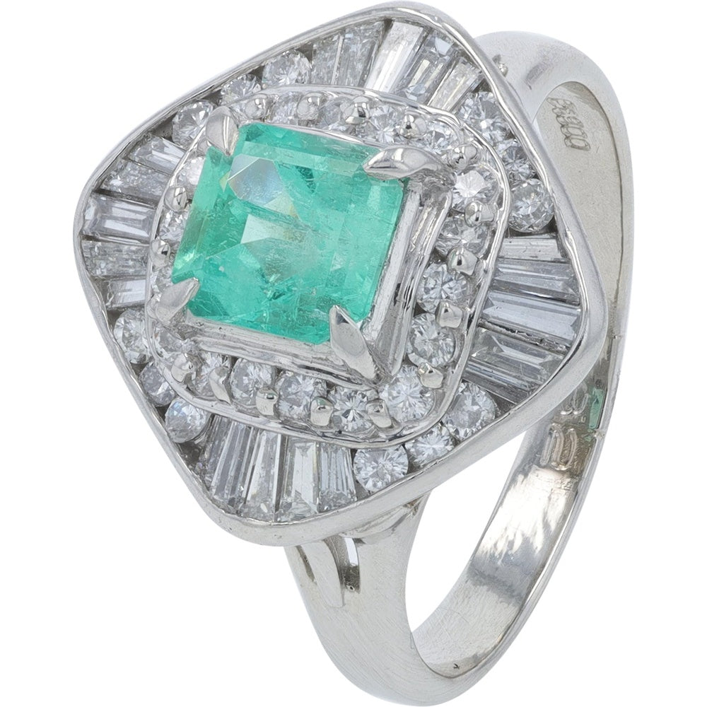 Platinum Halo Ring with 0.82 Carat Emerald and 0.81 Carat Round and Baguette Diamonds - Size 7