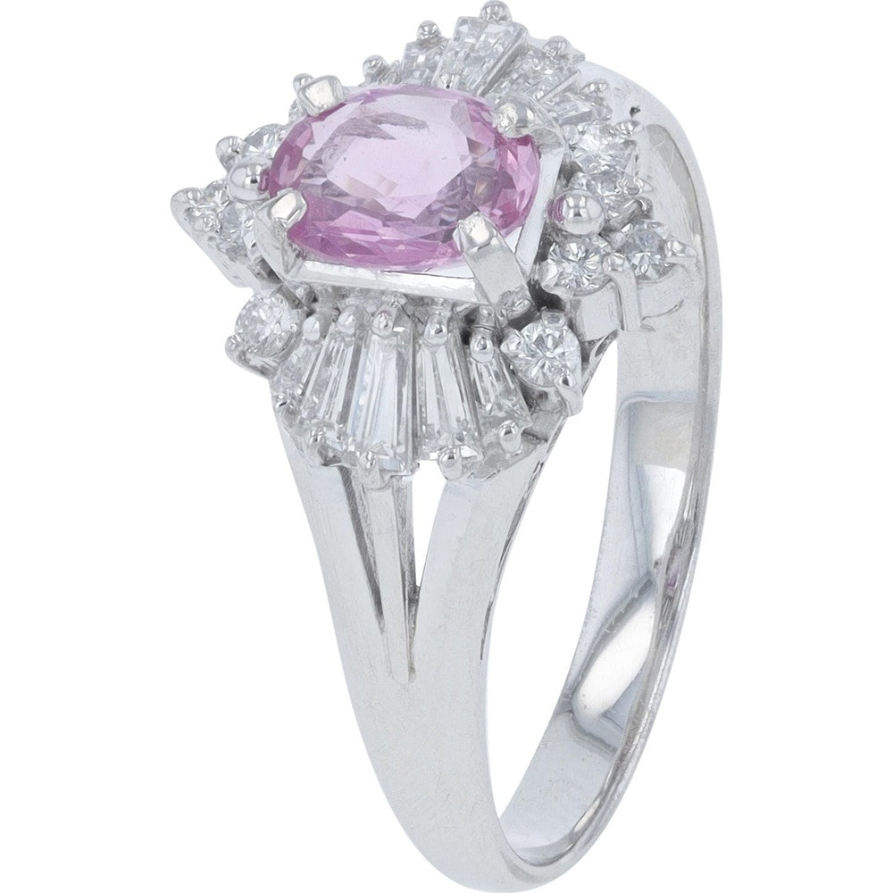 Platinum Halo Ring with 0.86 Carat Oval Pink Sapphire and 0.39 Carat Round and Baguette Diamond Accents - Size 5.75