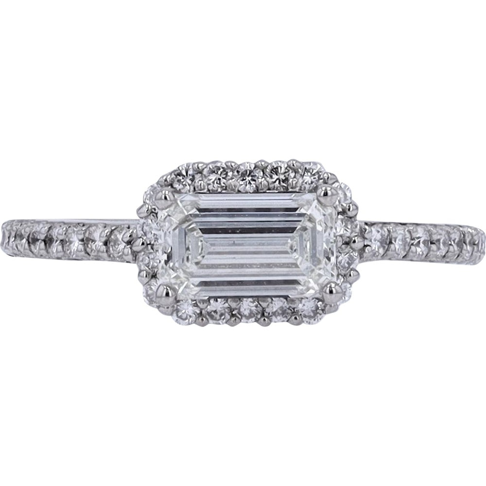 Platinum Halo Ring with 1.01 Carat Emerald Cut Center Diamond and Round Diamond Accents - 1.41 Carat Total Diamond Weight