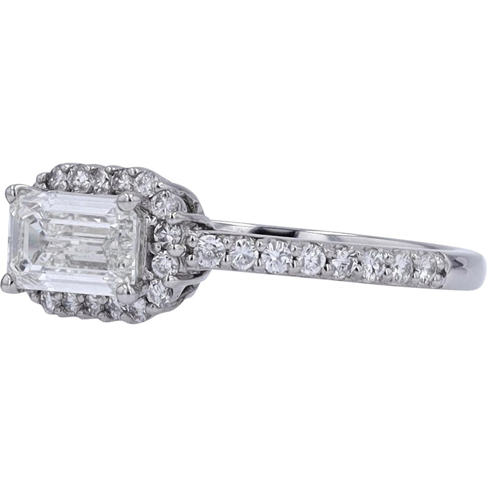 Platinum Halo Ring with 1.01 Carat Emerald Cut Center Diamond and Round Diamond Accents - 1.41 Carat Total Diamond Weight