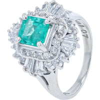 Platinum Halo Ring with 1.01 Carat Square-Cut Colombian Emerald and 1.07 Carat Round and Baguette Diamond Accents - GIA Certified