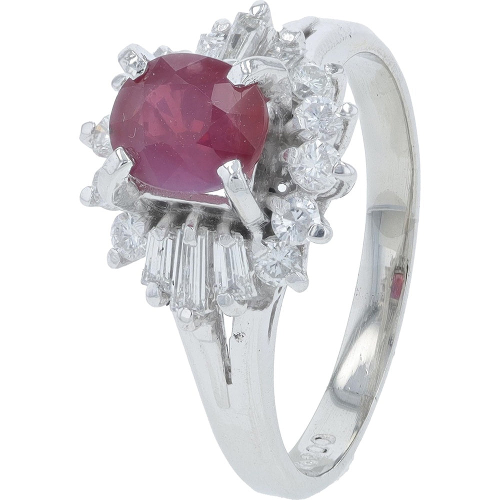 Platinum Halo Ring with 1.13 Carat Oval Ruby and 0.41 Carat Mixed-Cut Diamond Accents