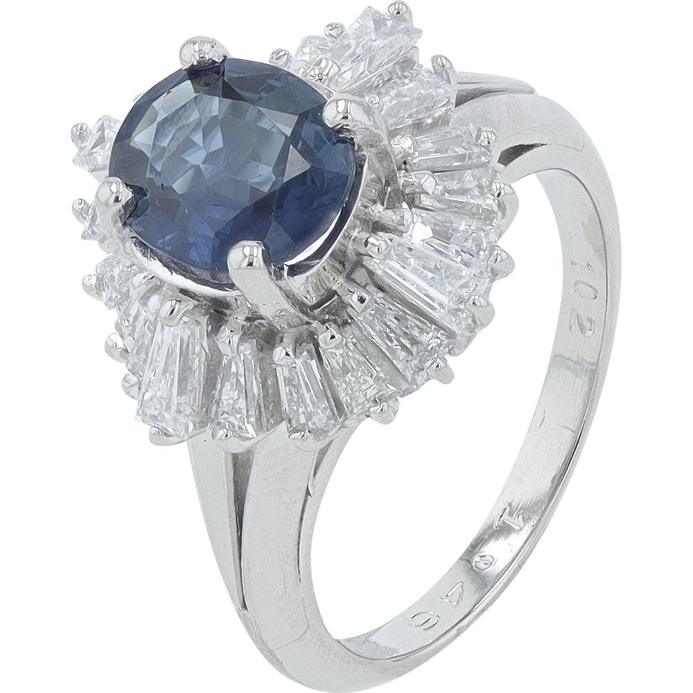 Platinum Halo Ring with 1.46 Carat Round Sapphire and 1.02 Carats of Baguette Diamonds