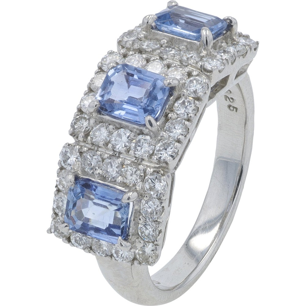 Platinum Halo Ring with 1.50 Carat Emerald-Cut Sapphires and 0.56 Carat Round Diamonds - Size 6.25