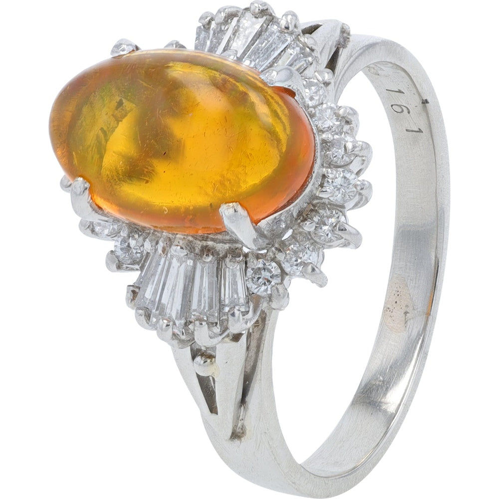 Platinum Halo Ring with 1.61 Carat Oval Cabochon Fire Opal and 0.39 Carat Baguette and Round Diamond Accents