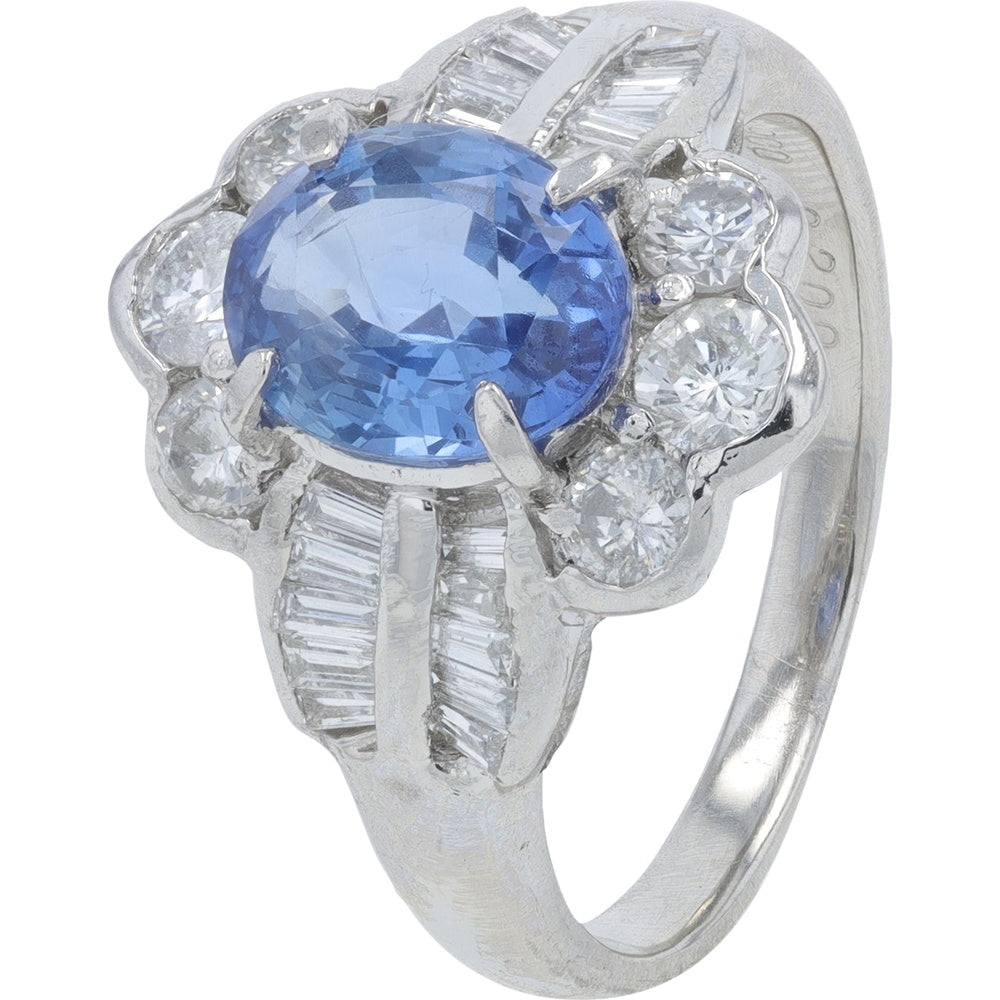 Platinum Halo Ring with 2.00 Carat Oval Sapphire and 1.00 Carat Total Diamond Accents - Size 6.5