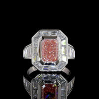 Platinum Halo Ring with 2.66 Carat Fancy Vivid Pink Radiant Cut Lab Diamond and Baguette Side Stones - 5.66 Carat Total Diamond Weight - Covaloro Fine Jewelry