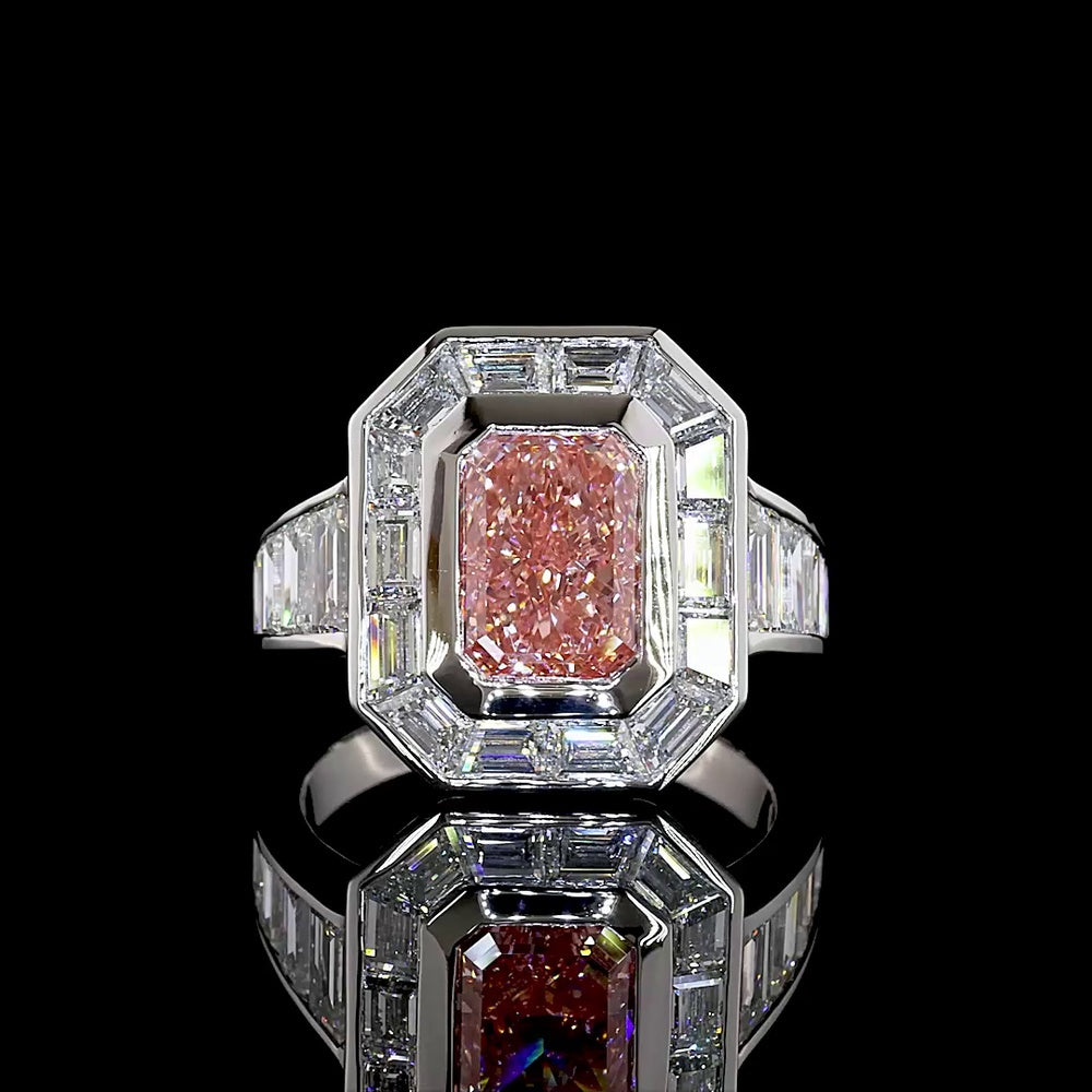 Platinum Halo Ring with 2.66 Carat Fancy Vivid Pink Radiant Cut Lab Diamond and Baguette Side Stones - 5.66 Carat Total Diamond Weight - Covaloro Fine Jewelry
