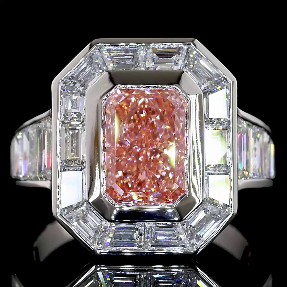 Platinum Halo Ring with 2.66 Carat Fancy Vivid Pink Radiant Cut Lab Diamond and Baguette Side Stones - 5.66 Carat Total Diamond Weight - Covaloro Fine Jewelry