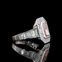 Platinum Halo Ring with 2.66 Carat Fancy Vivid Pink Radiant Cut Lab Diamond and Baguette Side Stones - 5.66 Carat Total Diamond Weight - Covaloro Fine Jewelry