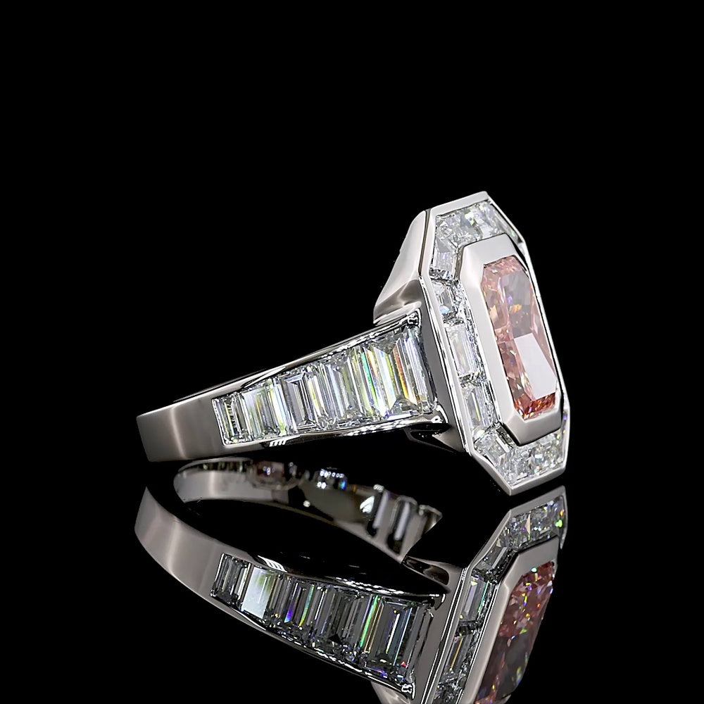Platinum Halo Ring with 2.66 Carat Fancy Vivid Pink Radiant Cut Lab Diamond and Baguette Side Stones - 5.66 Carat Total Diamond Weight - Covaloro Fine Jewelry