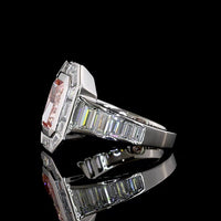 Platinum Halo Ring with 2.66 Carat Fancy Vivid Pink Radiant Cut Lab Diamond and Baguette Side Stones - 5.66 Carat Total Diamond Weight - Covaloro Fine Jewelry