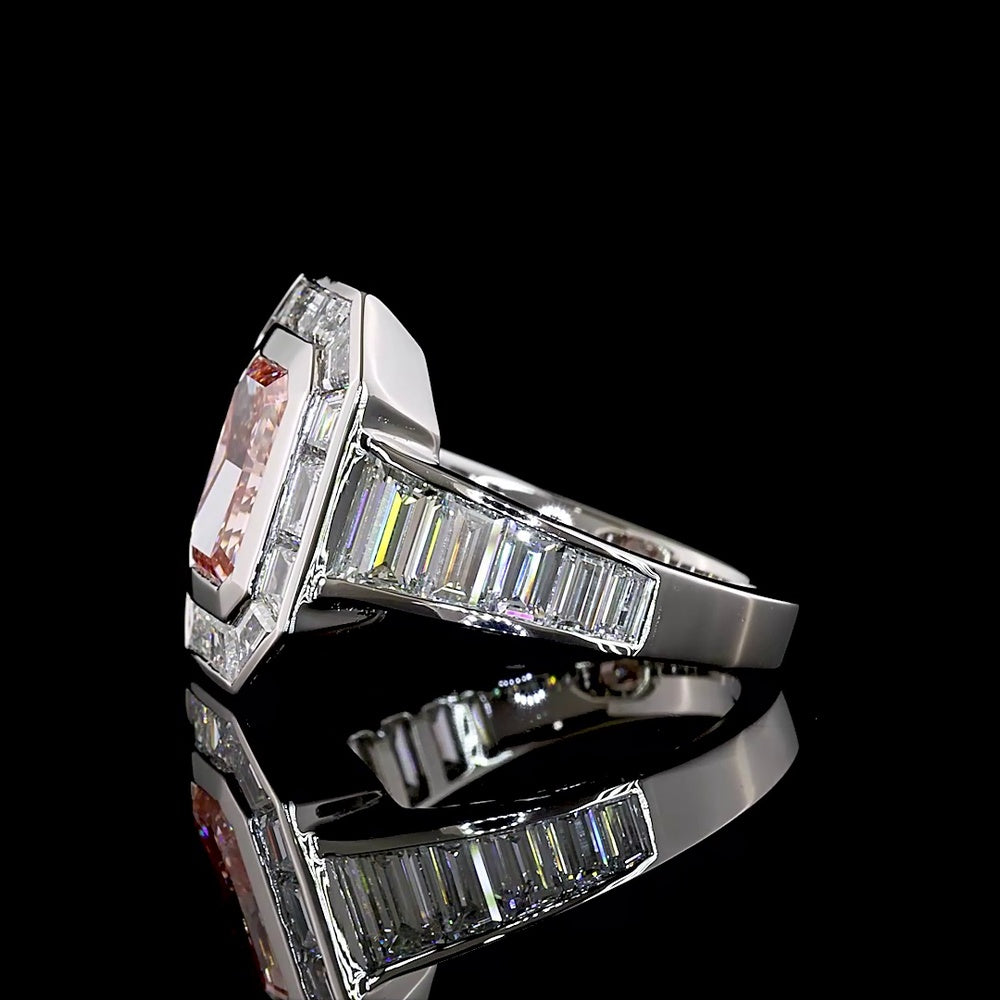 Platinum Halo Ring with 2.66 Carat Fancy Vivid Pink Radiant Cut Lab Diamond and Baguette Side Stones - 5.66 Carat Total Diamond Weight - Covaloro Fine Jewelry